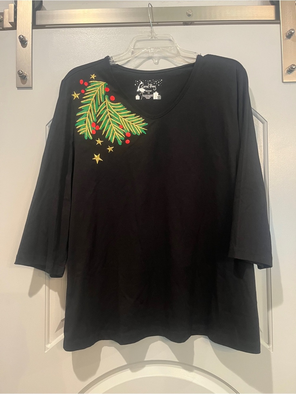 Coral Bay Black V-Neck 3/4 Sleeve Top with Holiday Pine Embroidery. Plus!